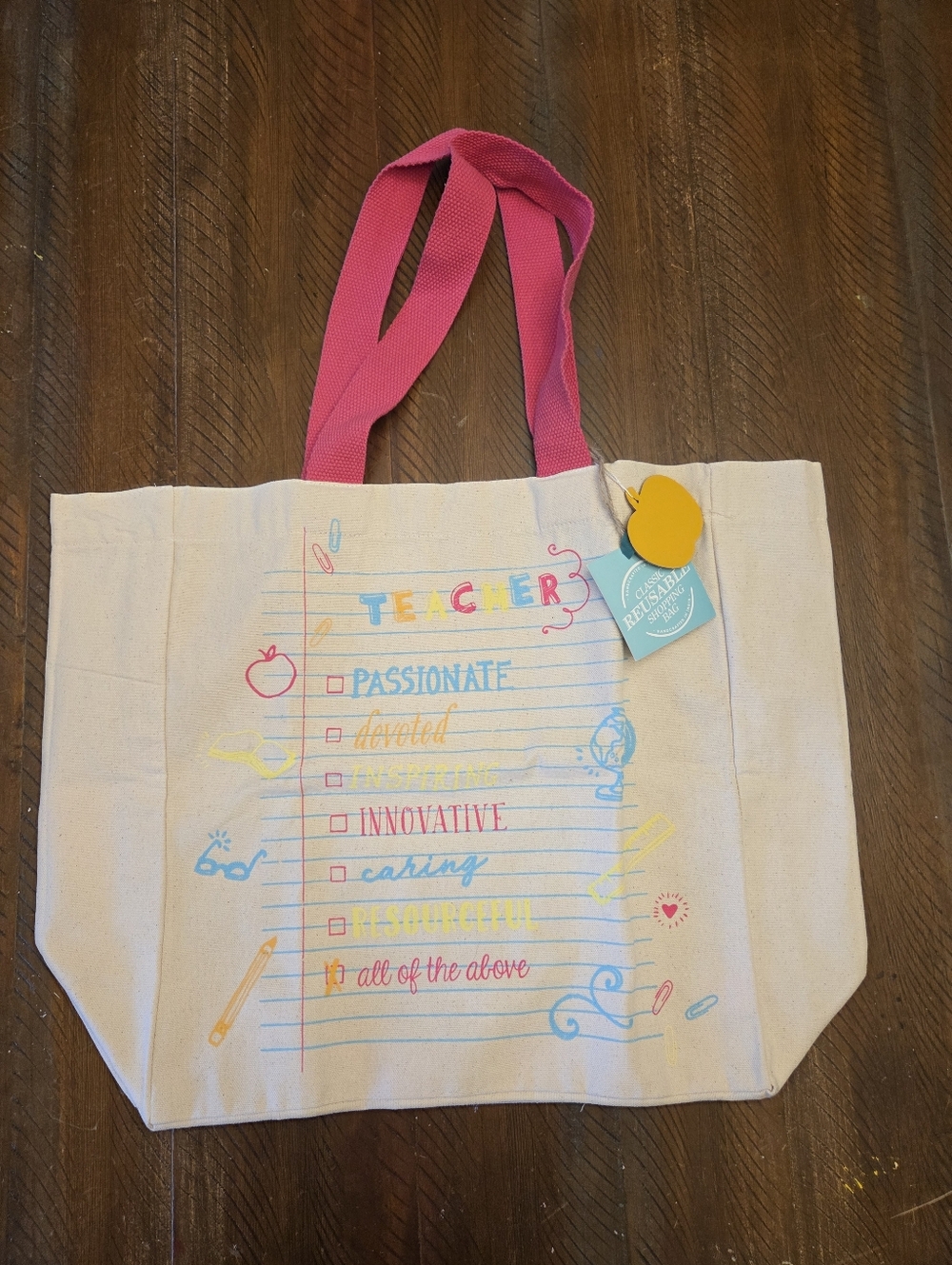 Teacher Canvas Tote Bag with Pink Handles